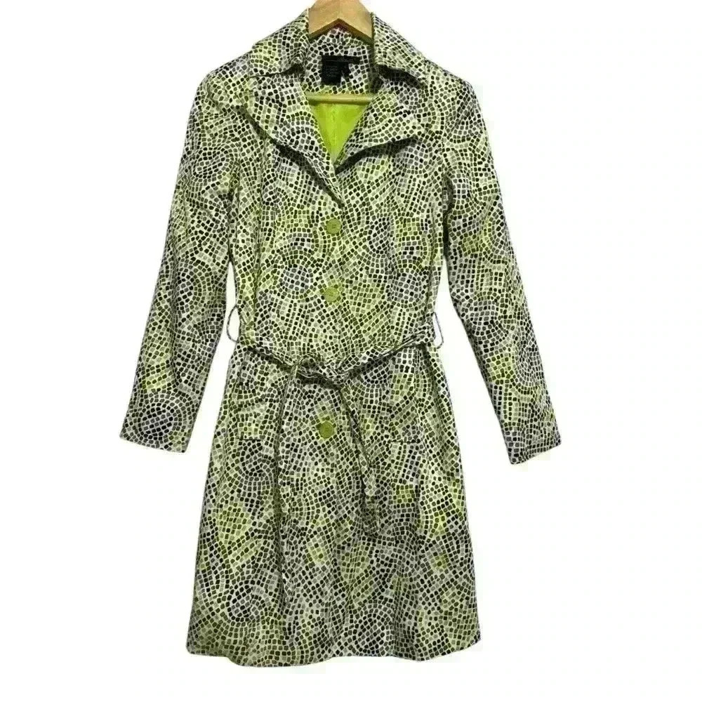Willi Smith Jacket Size 4 Raincoat Jacket Lime Green Purple Belted Mid Length